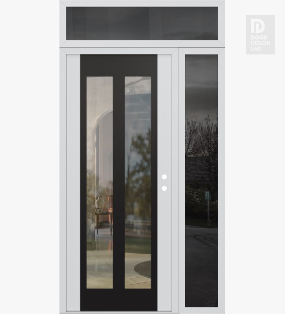 Modern Steel Front Door Diamond C14 48" x 96" white/white clear Glass Panel black LHI with Sidelite and Transom mirrored Glass