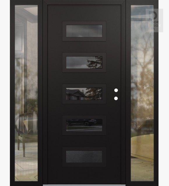 Modern Steel Front Door Diamond D1 60" x 80" black/black mirrored Glass Panel black LHI with 2 Sidelites clear Glass