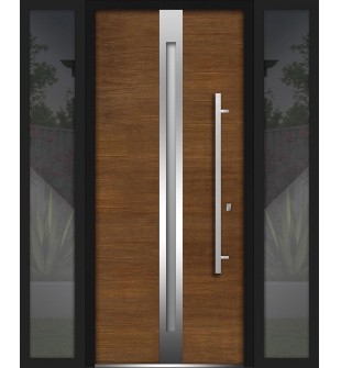 Front Exterior Prehung Steel Door / Deux 1744 Natural Oak / 2 Side Exterior Black Windows / Stainless Inserts Single Modern Painted-W12+36+12" x H80"-Left-hand Inswing