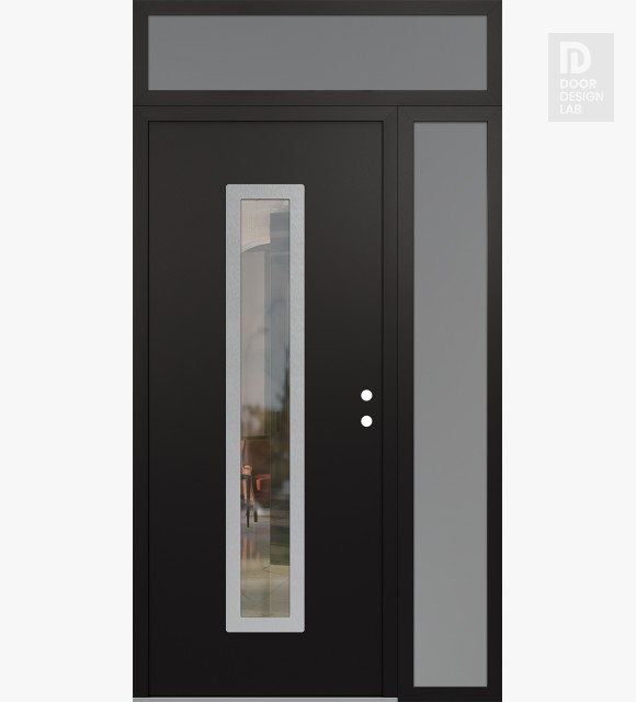 Modern Steel Front Door DIAMOND A11 50" X 96" BLACK/BLACK CLEAR GLASS PANEL STAINLESS STEEL LHI WITH SIDELITE AND TRANSOM FROSTED GLASS