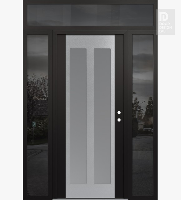 Modern Steel Front Door Diamond C14 68" x 96" black/white frosted Glass Panel stainless steel LHI with 2 Sidelites and Transom mirrored Glass