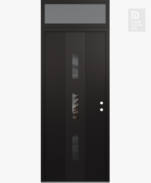 Modern Steel Front Door DIAMOND A7 36" X 96" BLACK/BLACK MIRRORED GLASS PANEL BLACK LHI WITH TRANSOM FROSTED GLASS