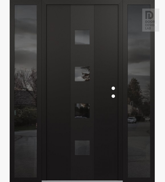 Modern Steel Front Door DIAMOND A12 64" X 80" BLACK/BLACK MIRRORED GLASS PANEL BLACK LHI WITH 2 SIDELITES MIRRORED GLASS