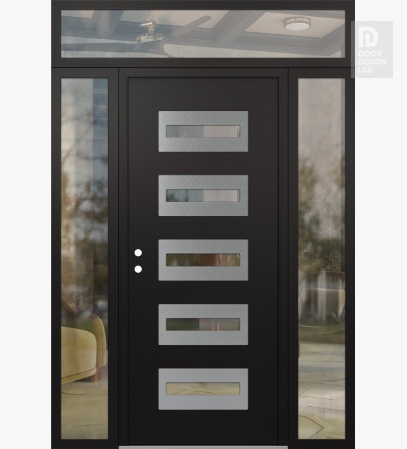 Modern Steel Front Door Diamond D4 60" x 96" black/black clear Glass Panel stainless steel RHI with 2 Sidelites and Transom clear Glass