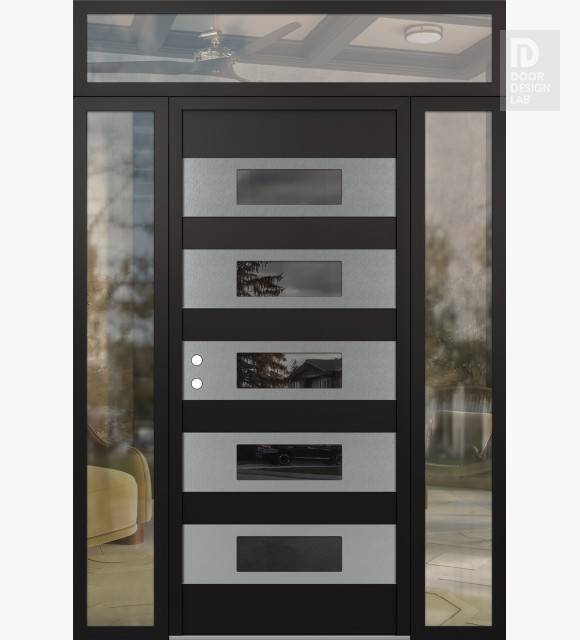 Modern Steel Front Door Diamond D5 68" x 96" black/black mirrored Glass Panel stainless steel RHI with 2 Sidelites and Transom clear Glass