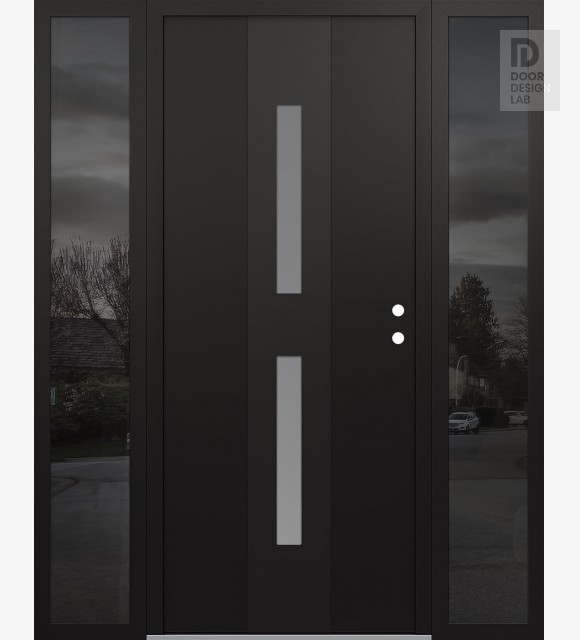 Modern Steel Front Door DIAMOND A6 68" X 80" BLACK/WHITE FROSTED GLASS PANEL BLACK LHI WITH 2 SIDELITES MIRRORED GLASS