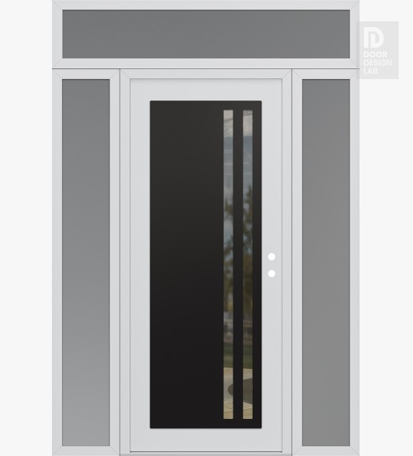 Modern Steel Front Door Diamond C6 60" x 96" white/white clear Glass Panel black LHI with 2 Sidelites and Transom frosted Glass