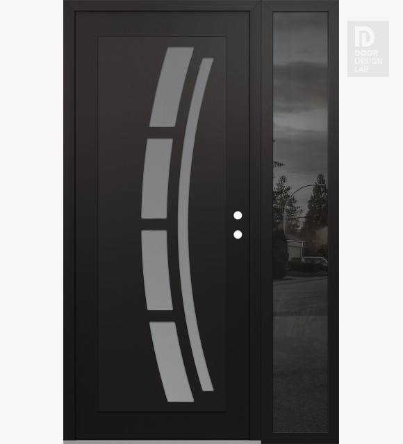 Modern Steel Front Door Diamond C12 52" x 80" black/white frosted Glass Panel black LHI with Sidelite mirrored Glass