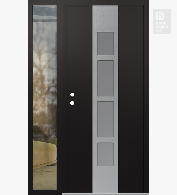 Modern Steel Front Door DIAMOND A10 50" X 80" BLACK/WHITE FROSTED GLASS PANEL STAINLESS STEEL RHI WITH SIDELITE CLEAR GLASS
