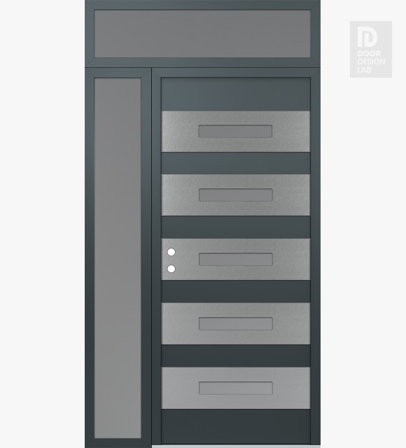 Modern Steel Front Door Diamond D9 50" x 96" anthracite/anthracite frosted Glass Panel stainless steel RHI with Sidelite and Transom frosted Glass