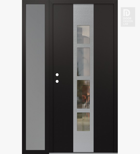 Modern Steel Front Door DIAMOND A10 50" X 80" BLACK/BLACK CLEAR GLASS PANEL STAINLESS STEEL RHI WITH SIDELITE FROSTED GLASS