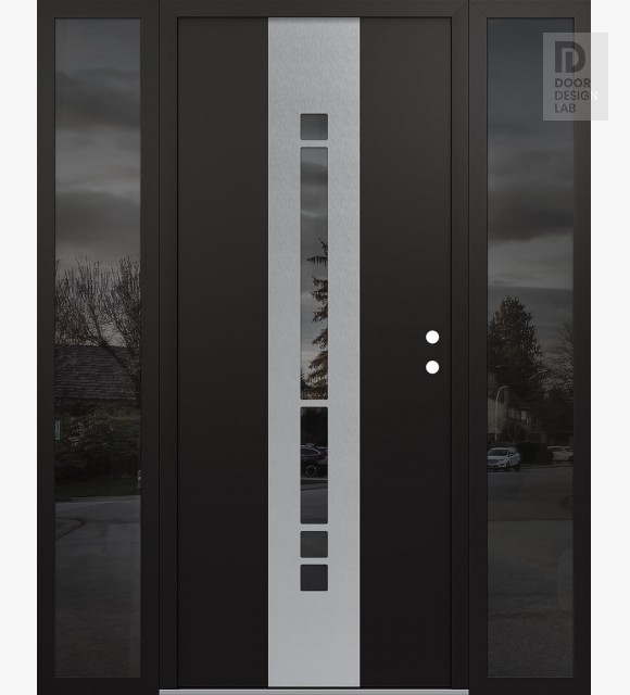 Modern Steel Front Door DIAMOND A3 60" X 80" BLACK/BLACK MIRRORED GLASS PANEL STAINLESS STEEL LHI WITH 2 SIDELITES MIRRORED GLASS