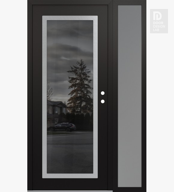 Modern Steel Front Door Diamond C1 48" x 80" black/black mirrored Glass Panel stainless steel LHI with Sidelite frosted Glass