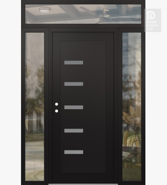 Modern Steel Front Door Diamond C8 64" x 96" black/white frosted Glass Panel black RHI with 2 Sidelites and Transom clear Glass
