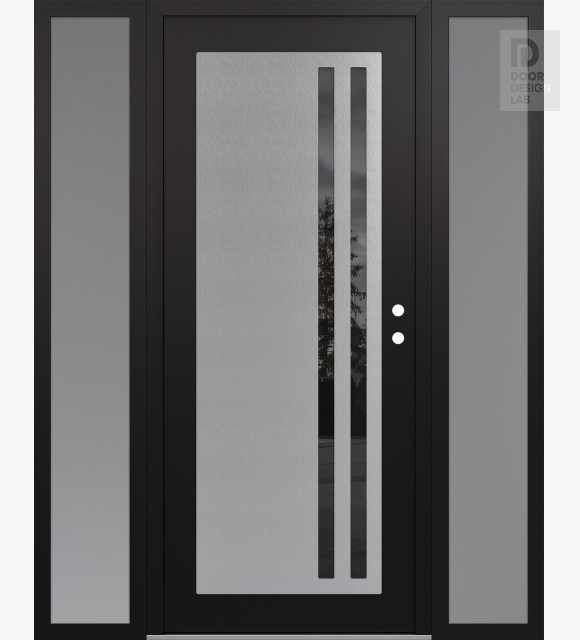 Modern Steel Front Door Diamond C6 60" x 80" black/black mirrored Glass Panel stainless steel LHI with 2 Sidelites frosted Glass
