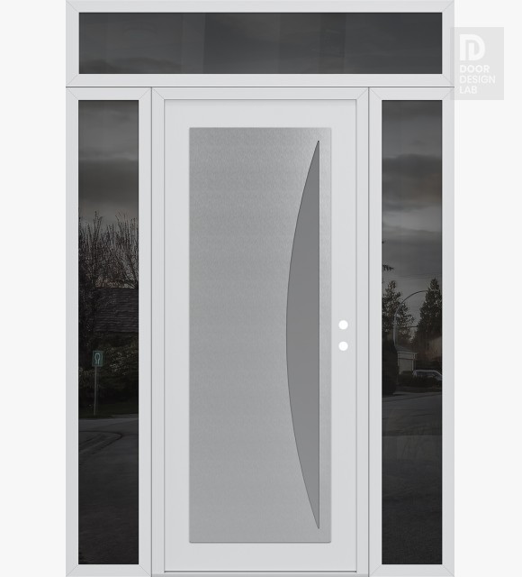 Modern Steel Front Door Diamond C13 68" x 96" white/white frosted Glass Panel stainless steel LHI with 2 Sidelites and Transom mirrored Glass