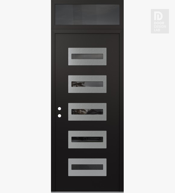 Modern Steel Front Door Diamond D4 36" x 96" black/black mirrored Glass Panel stainless steel RHI with Transom mirrored Glass