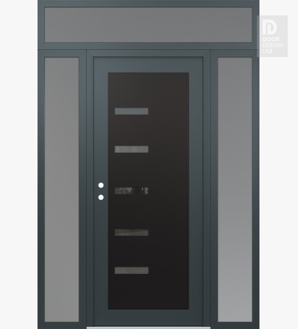 Modern Steel Front Door Diamond C8 64" x 96" anthracite/anthracite mirrored Glass Panel black RHI with 2 Sidelites and Transom frosted Glass