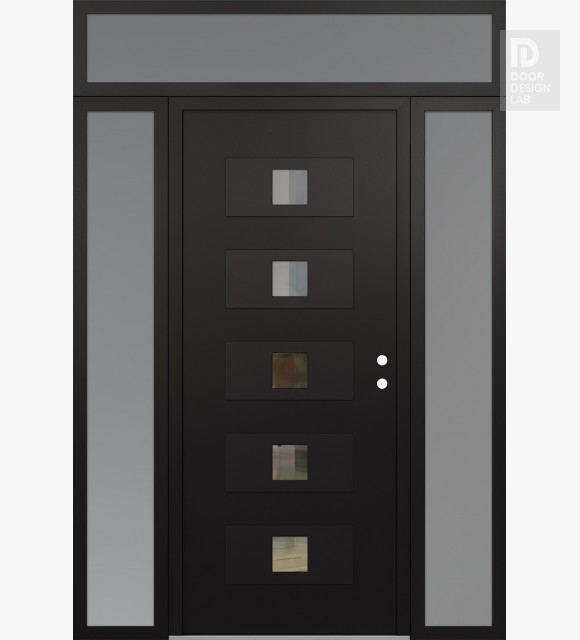 Modern Steel Front Door Diamond D8 68" x 96" black/black clear Glass Panel black LHI with 2 Sidelites and Transom frosted Glass