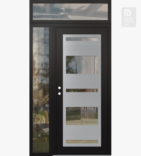 Modern Steel Front Door Diamond C10 48" x 96" black/black clear Glass Panel stainless steel RHI with Sidelite and Transom clear Glass
