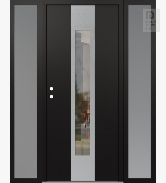 Modern Steel Front Door DIAMOND A1 60" X 80" BLACK/BLACK CLEAR GLASS PANEL STAINLESS STEEL RHI WITH 2 SIDELITES FROSTED GLASS
