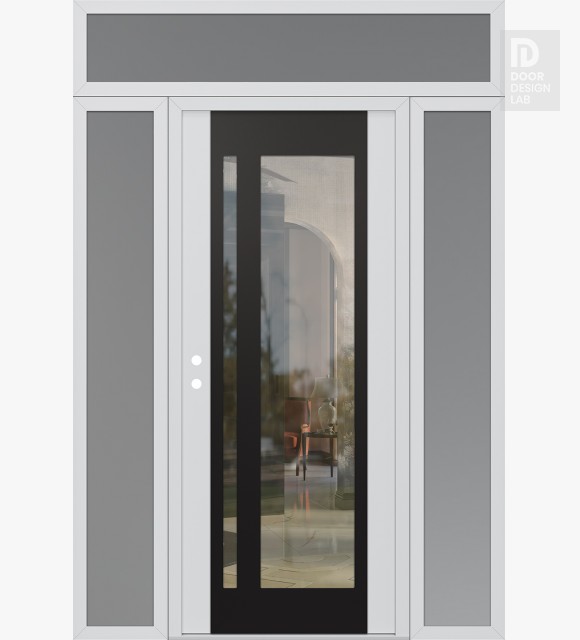 Modern Steel Front Door Diamond C15 64" x 96" white/white clear Glass Panel black RHI with 2 Sidelites and Transom frosted Glass