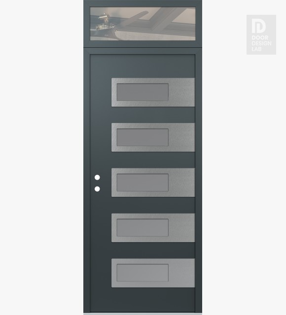 Modern Steel Front Door Diamond D3 36" x 96" anthracite/anthracite frosted Glass Panel stainless steel RHI with Transom clear Glass