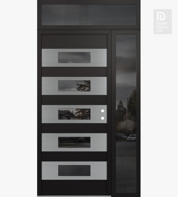 Modern Steel Front Door Diamond D5 50" x 96" black/black mirrored Glass Panel stainless steel LHI with Sidelite and Transom mirrored Glass