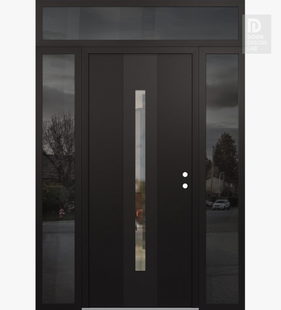 Modern Steel Front Door DIAMOND A2 68" X 96" BLACK/BLACK CLEAR GLASS PANEL BLACK LHI WITH 2 SIDELITES AND TRANSOM MIRRORED GLASS