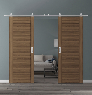 DOUBLE BARN DOOR LOUVER PECAN NUTWOOD 36" X 80" X 1 3/4" STAINLESS STEEL HARDWARE