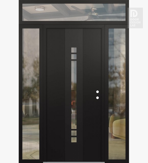 Modern Steel Front Door DIAMOND A4 68" X 96" BLACK/BLACK CLEAR GLASS PANEL BLACK LHI WITH 2 SIDELITES AND TRANSOM CLEAR GLASS