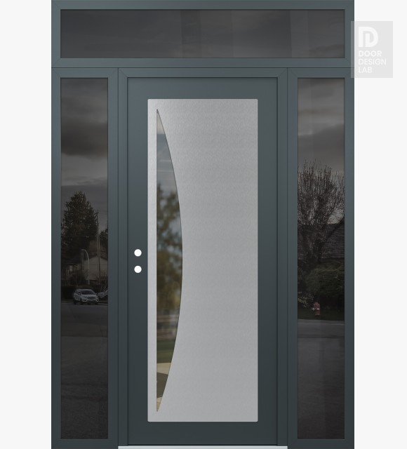 Modern Steel Front Door Diamond C13 64" x 96" anthracite/anthracite clear Glass Panel stainless steel RHI with 2 Sidelites and Transom mirrored Glass
