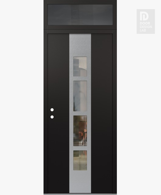 Modern Steel Front Door DIAMOND A10 36" X 96" BLACK/BLACK CLEAR GLASS PANEL STAINLESS STEEL RHI WITH TRANSOM MIRRORED GLASS