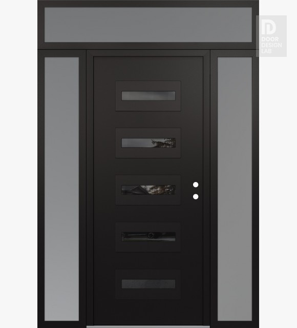 Modern Steel Front Door Diamond D4 60" x 96" black/black mirrored Glass Panel black LHI with 2 Sidelites and Transom frosted Glass