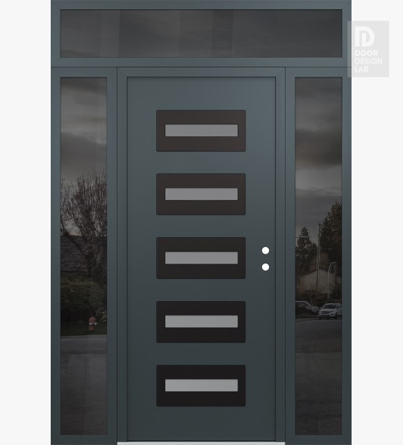 Modern Steel Front Door Diamond D4 60" x 96" anthracite/anthracite frosted Glass Panel black LHI with 2 Sidelites and Transom mirrored Glass