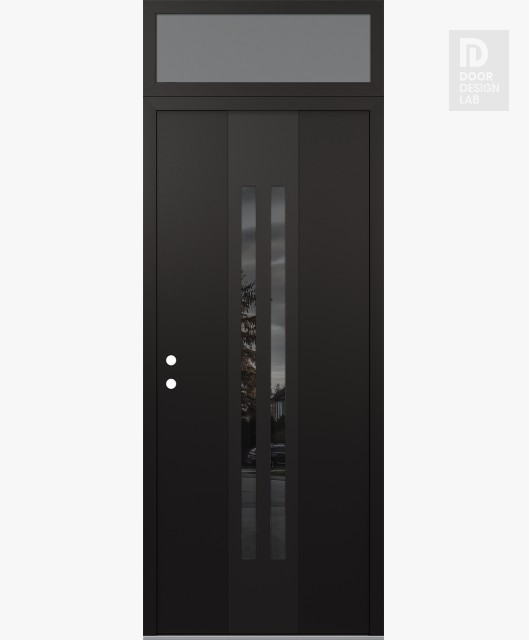 Modern Steel Front Door DIAMOND A8 36" X 96" BLACK/BLACK MIRRORED GLASS PANEL BLACK RHI WITH TRANSOM FROSTED GLASS