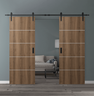 DOUBLE BARN DOOR OPTIMA 4H PECAN NUTWOOD 48" X 80" X 1 3/4" SOLID CORE BLACK HARDWARE