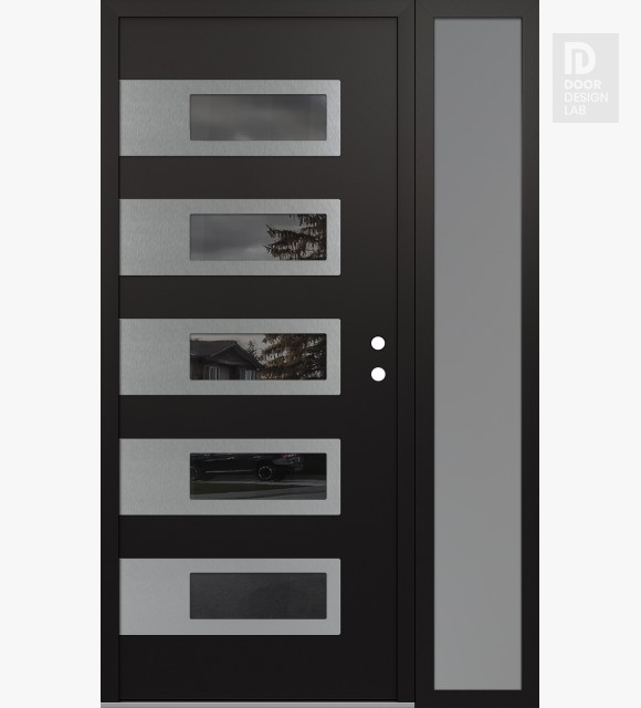 Modern Steel Front Door Diamond D3 52" x 80" black/black mirrored Glass Panel stainless steel LHI with Sidelite frosted Glass