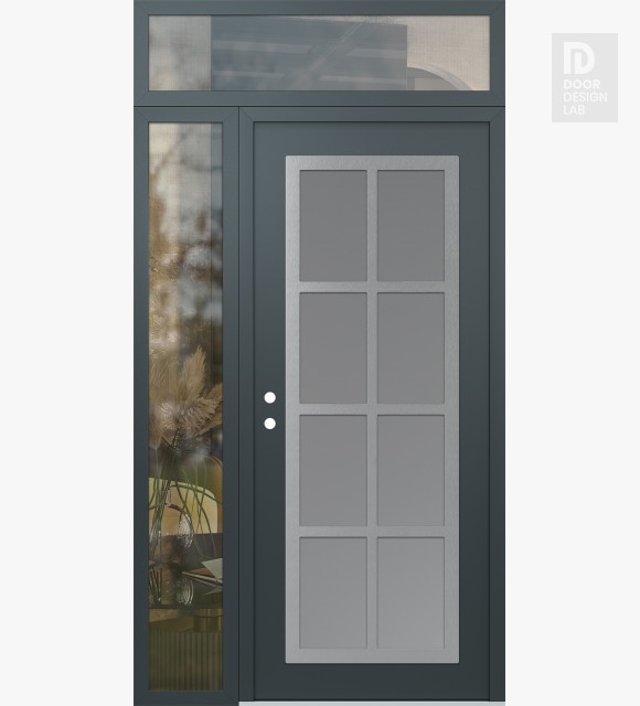 Modern Steel Front Door Diamond C16 48" x 96" anthracite/anthracite frosted Glass Panel stainless steel RHI with Sidelite and Transom clear Glass