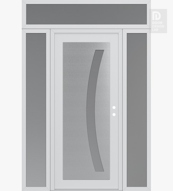 Modern Steel Front Door Diamond C4 64" x 96" white/white frosted Glass Panel stainless steel LHI with 2 Sidelites and Transom frosted Glass