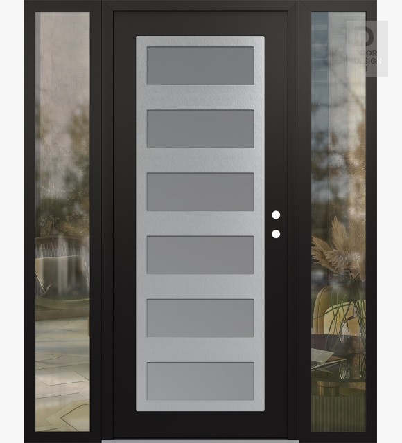 Modern Steel Front Door Diamond C9 64" x 80" black/white frosted Glass Panel stainless steel LHI with 2 Sidelites clear Glass