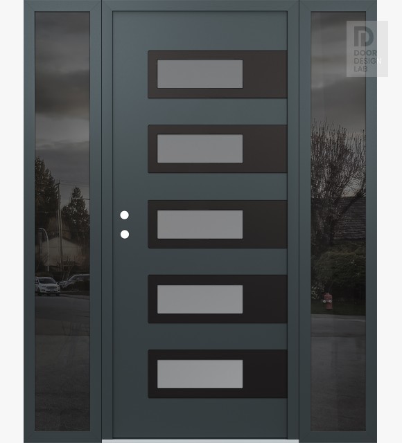 Modern Steel Front Door Diamond D3 60" x 80" anthracite/anthracite frosted Glass Panel black RHI with 2 Sidelites mirrored Glass
