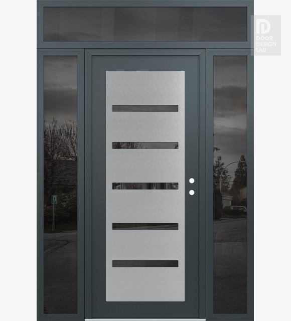 Modern Steel Front Door Diamond C7 68" x 96" anthracite/anthracite mirrored Glass Panel stainless steel LHI with 2 Sidelites and Transom mirrored Glass