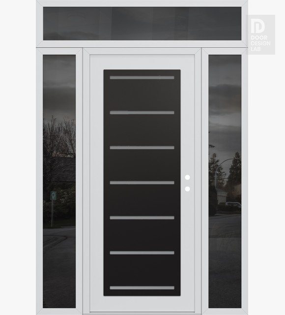 Modern Steel Front Door Diamond C11 60" x 96" white/white frosted Glass Panel black LHI with 2 Sidelites and Transom mirrored Glass