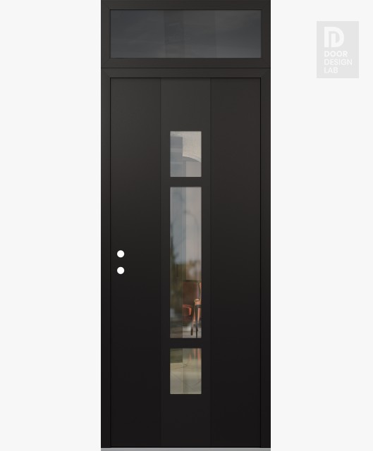 Modern Steel Front Door DIAMOND A9 36" X 96" BLACK/BLACK CLEAR GLASS PANEL BLACK RHI WITH TRANSOM MIRRORED GLASS