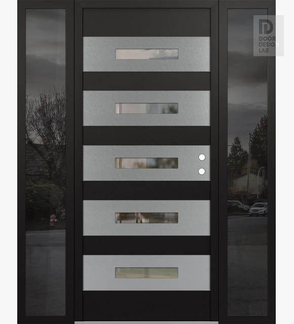Modern Steel Front Door Diamond D9 60" x 80" black/black clear Glass Panel stainless steel LHI with 2 Sidelites mirrored Glass