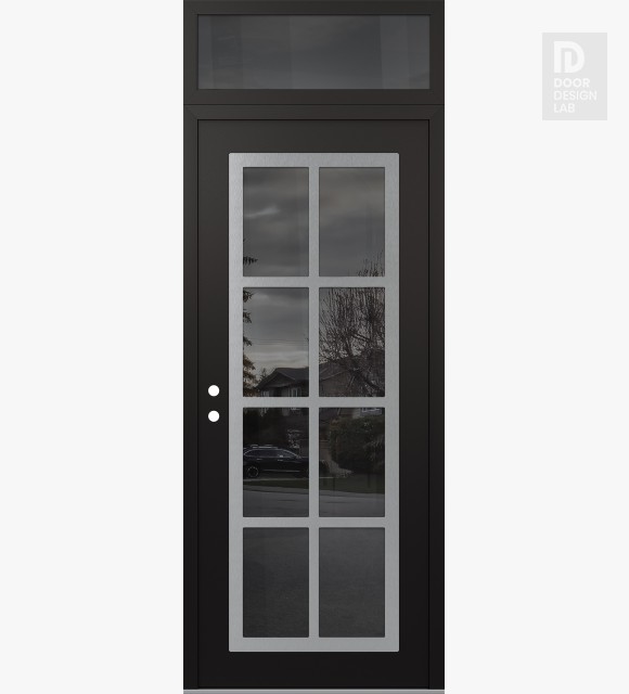 Modern Steel Front Door Diamond C16 36" x 96" black/black mirrored Glass Panel stainless steel RHI with Transom mirrored Glass