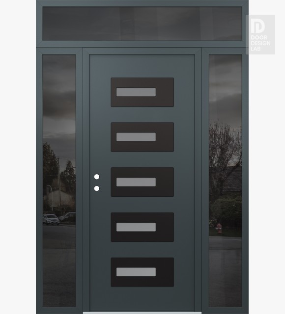 Modern Steel Front Door Diamond D6 64" x 96" anthracite/anthracite frosted Glass Panel black RHI with 2 Sidelites and Transom mirrored Glass
