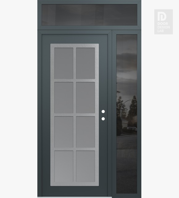 Modern Steel Front Door Diamond C16 52" x 96" anthracite/anthracite frosted Glass Panel stainless steel LHI with Sidelite and Transom mirrored Glass