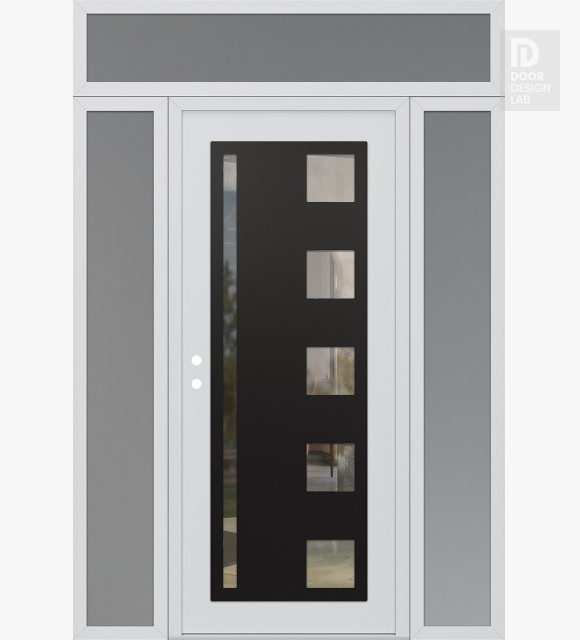 Modern Steel Front Door Diamond C3 68" x 96" white/white clear Glass Panel black RHI with 2 Sidelites and Transom frosted Glass